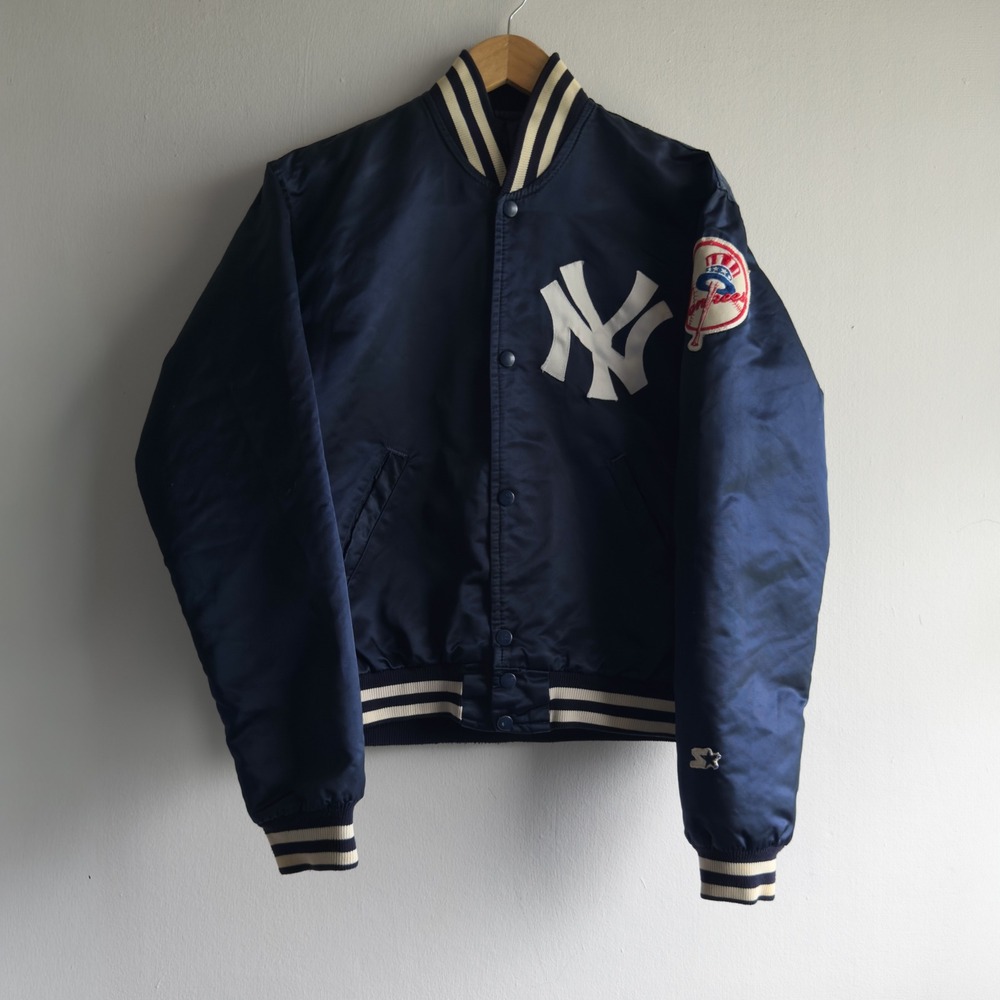 Vintage Starter New York Yankees Satin Varsity Bomber Jacket Mens Medium Blue